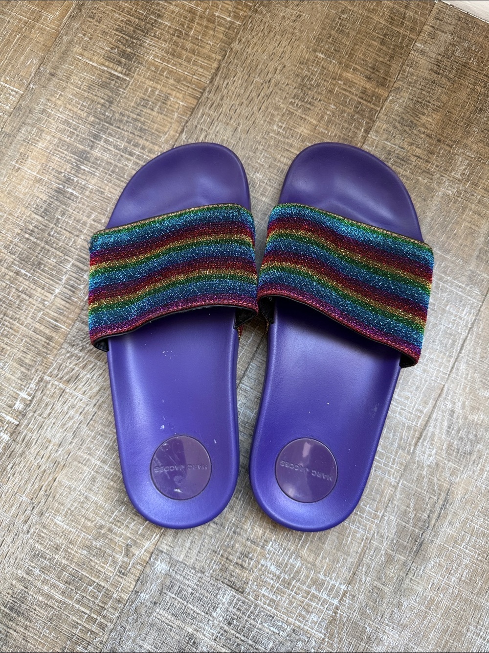 Marc Jacobs Purple Glitter Rainbow Strap Slide Sandals Size 7.5